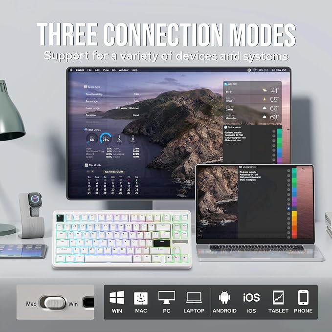 EPOMAKER TH85 QMK/VIA Wireless Gaming Keyboard, BT5.0/2.4GHz/USB-C | Hot-Swap Pre-lubed Custom Milk Blue Tactile Switches, Gasket Creamy Keyboard for PC/Mac/Office/Gaming (White) - Image 3