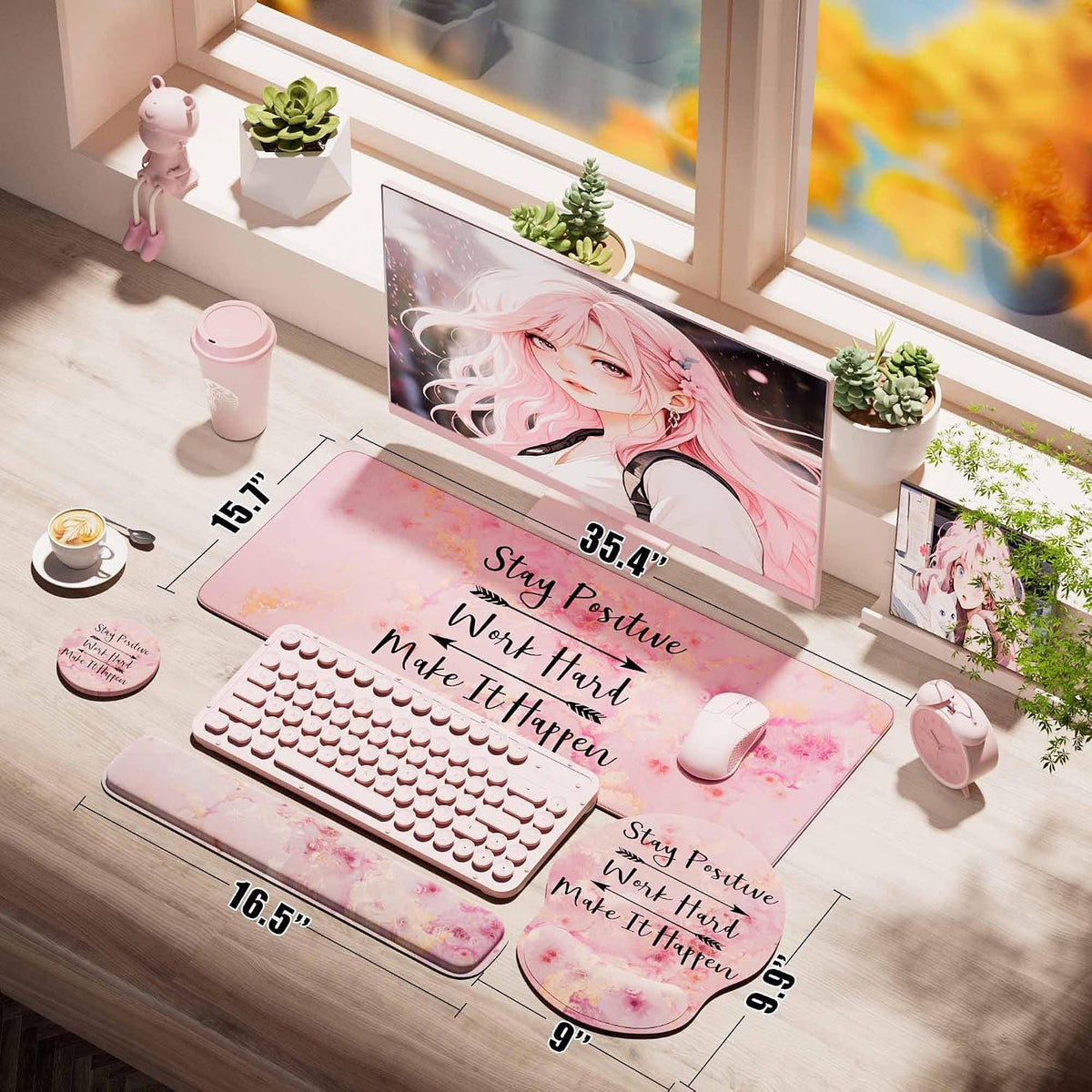 Large Mouse Pad and Keyboard Wrist Rest + Desk Mat Set,Full Long Mouse Pads for Desk Accessories with Memory Foam Gel Pink Mousepad for Women Computer Desktop Office Work-Pink & Black Slogan - Image 3