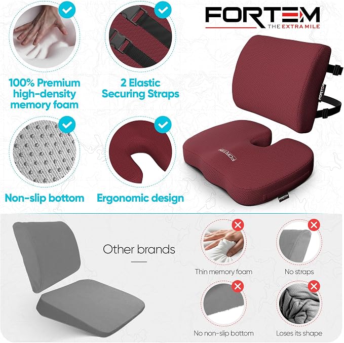 FORTEM Seat Cushion & Lumbar Support for Office Chair, Wheelchair, Car | Memory Foam | Ergonomic Design | Washable Cover | Non Slip | Red - Image 7