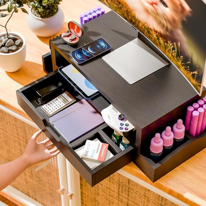 Simple Trending Wood Monitor Stand Riser, Desktop Oraganizer, Black | Desk Organizer and Accessories, Laptop & Printer Stand, Drawer & Pen Holder, for Home Office, 20.25"W x 9.25"D x 5.5"H - Image 2