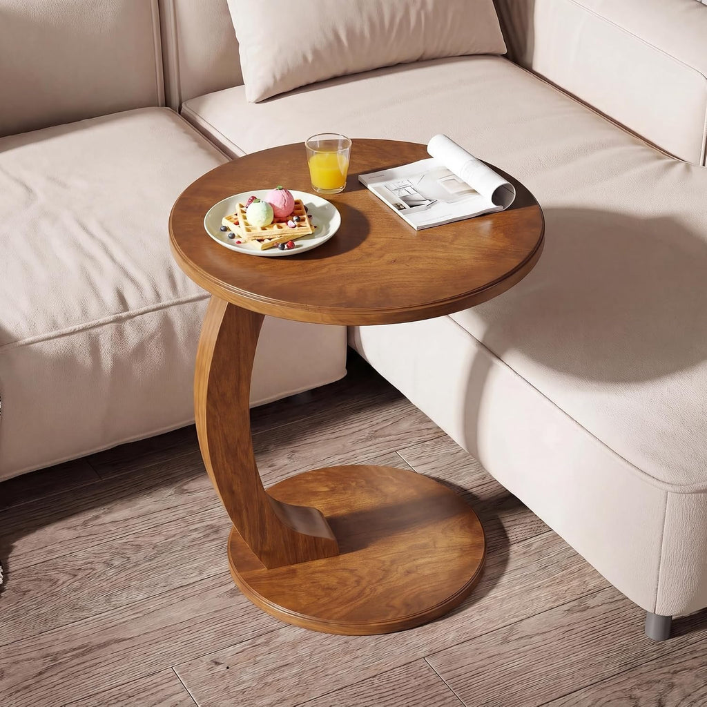 Tribesigns C Shaped End Table Set of 2, Round Wood Side Table, Mid-Century Modern Style, Heavy Base, for Living Room, Bedroom, Small Space, Brown - Image 9