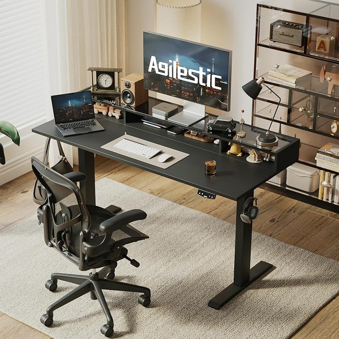Agilestic 48 * 24 Inch Electric Standing Desk with Glass Shelf, Black | Electric Height Adjustable, 2 Storage Drawer, Monitor Stand, Sturdy Steel Frame, Memory Presets, Hooks, 154 lbs, Splice Board - Image 2