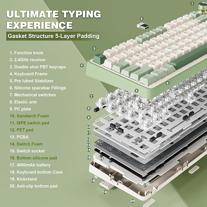 YUNZII B75 PRO 75% Wireless Mechanical Keyboard(Matcha Green,MilkV2) | Hot Swap Keyboard with Knob, Gasket Mount, Creamy Pre-lubed Switch for Smooth Typing, BT/USB-C/2.4G, for Gaming - Image 4