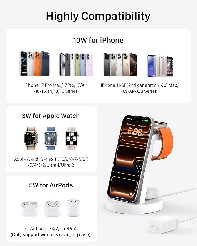Anlmz 3 in 1 Charging Station for iPhone - Wireless Charger for Apple Products Multiple Devices - Charging Dock Stand for AirPods (for iPhone 17 16e 16 15 14 13 pro 12 11 X Max) - Image 4