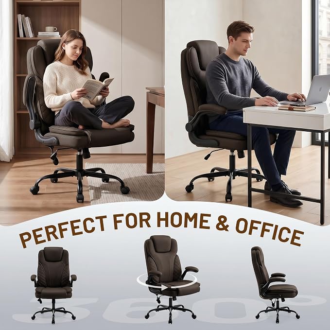 Ergonomic Office Chair, PU Leather High Back Executive Chair with Adjustable Inflatable Lumbar Support and Padded Flip-Up Arms, Recline Swivel Task Computer Chair for Home Office, Dark Brown - Image 11