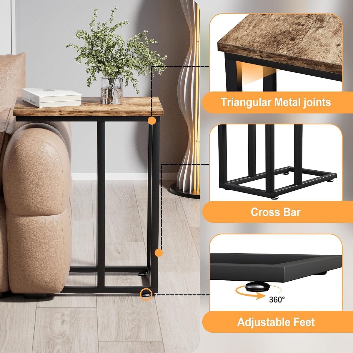 VECELO Universal C-Shaped Side Table, Multi-Functional Snack & TV Tray for Living Room, Bedroom, Grey (1 Set) - Image 6