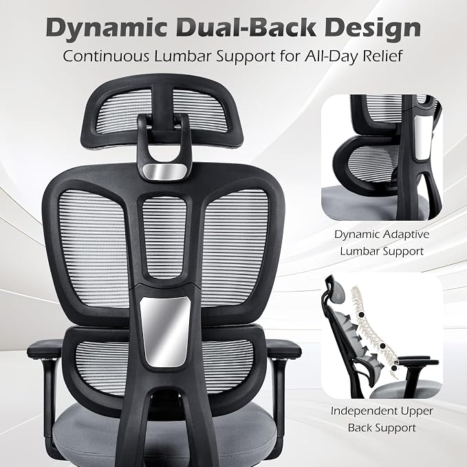 Ergonomic Office Chair with Footrest and Dynamic Lumbar Support, Grey | Reclining high-back computer chair, memory foam seat, 4D armrests, 2D headrest, mesh desk chair for home office, long hours - Image 4