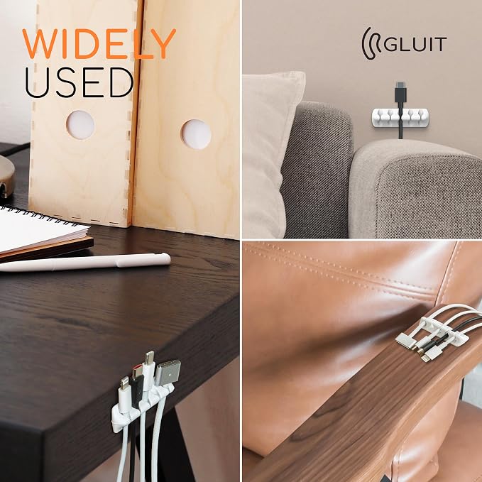 Cord Organizer for Desk, Nightstand Cable Holder, 5 Pack, Multislot, White | GLUIT Adhesive Charger Organizer, Cable Management for Desk Car Office Home College Dorm Room Cable Clips for Cords - Image 6