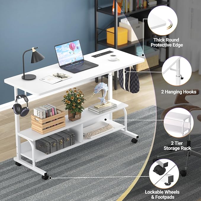 47" Rolling Standing Desk with Charging Station for Couch Bed | Height Adjust 27.5-41", 2 AC/3 USB, Mobile 4 Lockable Wheels, 2-tier Shelves Hook, Safe Corner Fast Assembly - Image 5