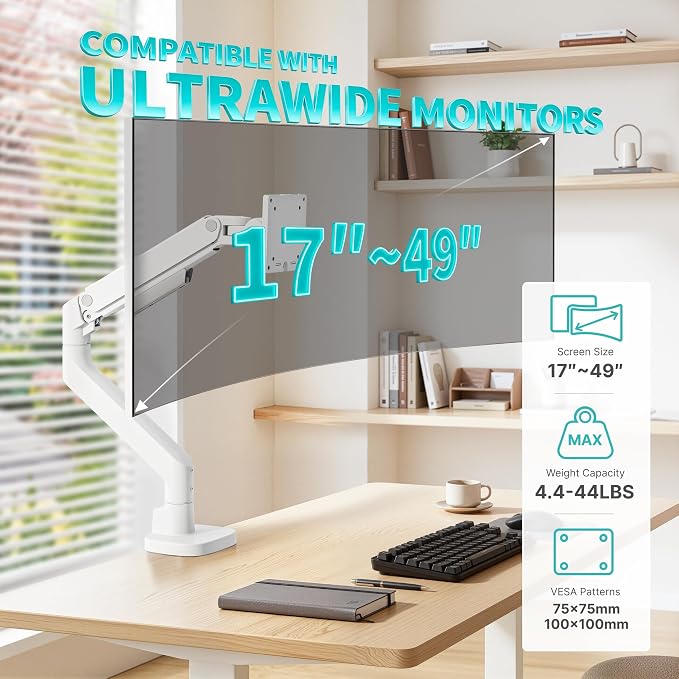 Heavy Duty Single Monitor Arm for 17-49 Inch,Holds 44 lbs, White | Ultrawide Monitor Mount, Adjustable Gaming Desk Mount for 75/100 Vesa Mount - Image 2