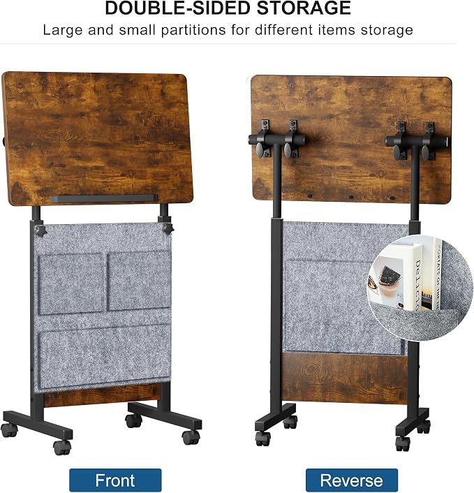 KOUPA Height Adjustable Flip Standing Desk with Wheels and Bag,24Inch | Portable Rolling Mobile Desk , 360° Flip Top, Sturdy Steel Frame, for Home Office, Small Spaces,Height 32"-47" Rustic Brown - Image 6