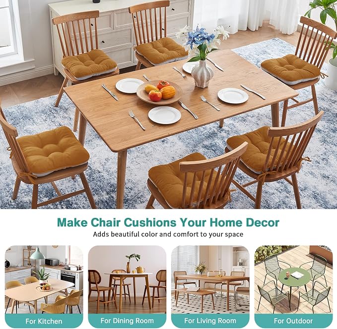 BETU Chair Cushions for Dining Chairs Set of 6,3.5" Thick Kitchen Table Chair Pads with Ties,Non Slip Backing and Covers, Seat Cushion for Dining Room,Bar,Patio Chairs,15.5"X15.5"X3.5",Caramel - Image 7