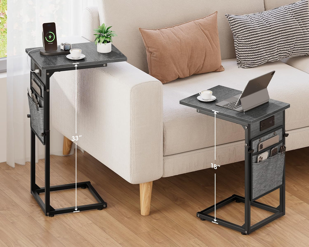 C Shaped End Table with Charging Station, C Table End Table Adjustable Height, Small Side Table for Couch, Sofa Table Slide Under Couch TV Tray Arm Table for Living Room, Bedroom, Gray Walnut - Image 3