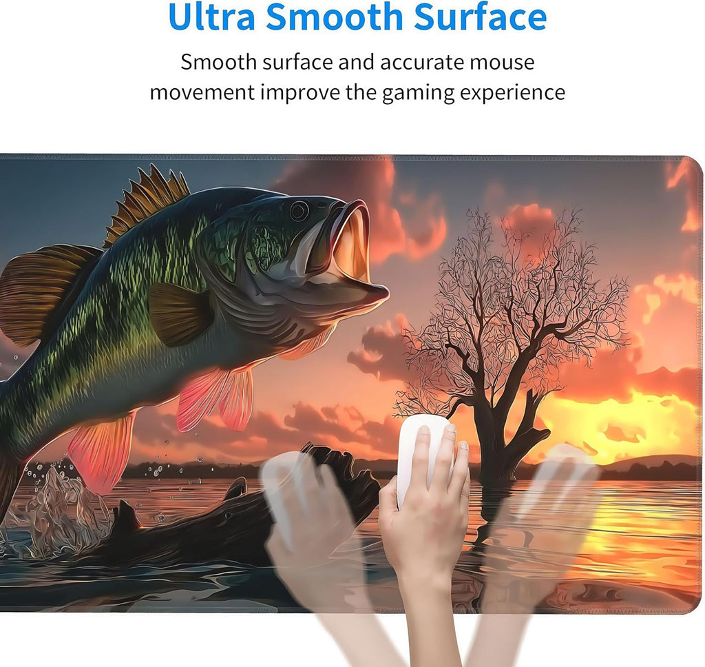 Large Gaming Mouse Pad with Bass Fish Sunset Design, Non-Slip Rubber Base, Stitched Edges, Extended Size 35.4 x 15.8 inches - Image 5