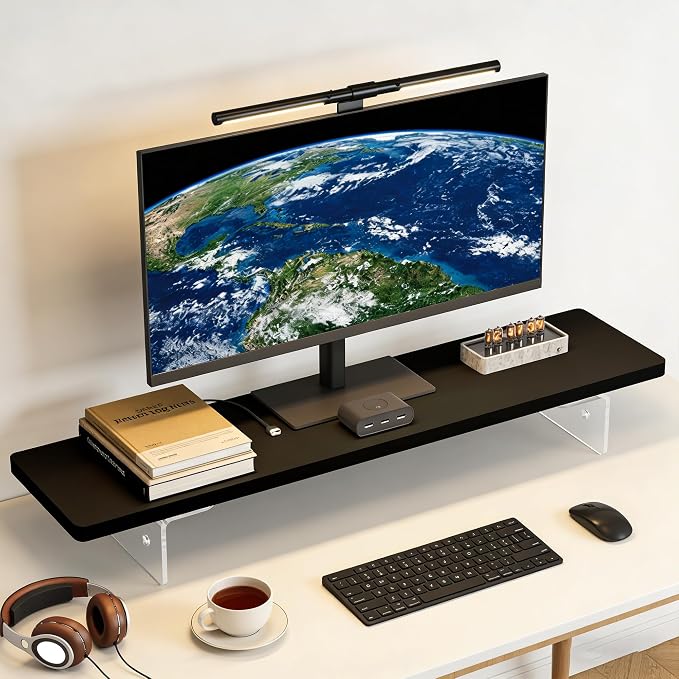 Computer Monitor Stands, Wood & Acrylic Computer Monitor Stand, Desk Monitor Stand Underneath Storage For Office, Home, School Supplies, 31.5" L (Black) by BringYouALifeAsBeautiful