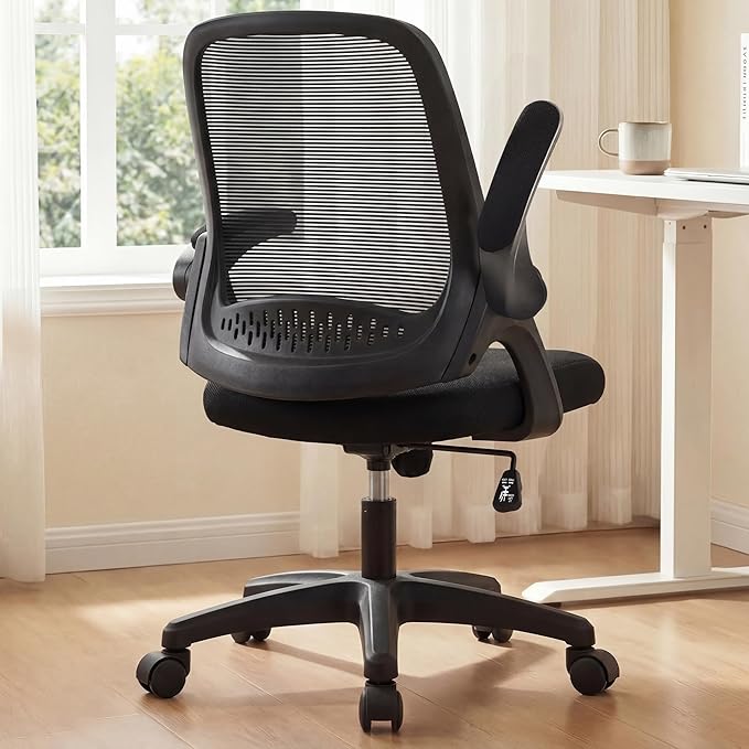 NEO CHAIR Office Desk Chair, Ergonomic Mesh with Flip-Up Arms, All Black | Lumbar Support, Height Adjustment, 360° Swivel and Rolling Base, Space-Saving Design for Home Office, Vanity or Study by NEOCHAIR