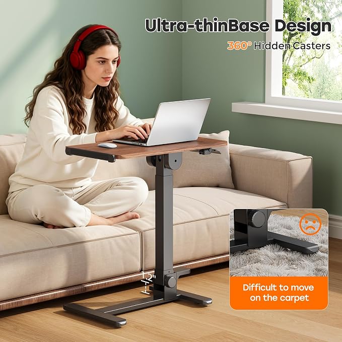 27" Foldable Standing Desk, No-Assembly Needed, Dark Wood | Height Adjustable Portable Mobile Desk with 90° Tiltable Desktop for Storage, End Table for Couch on Wheels - Image 5