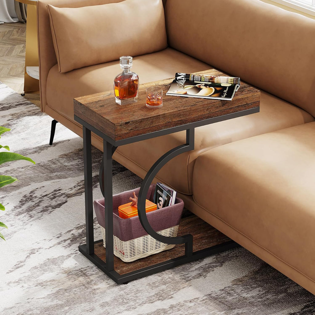 Tribesigns Side Table Set of 2 Narrow Side Table Brown Black C Shaped End Table Modern Bedside Tables for Couch, Small Sofa Tables with Metal Frame for Living Room (2, Rustic Brown+Black) - Image 5