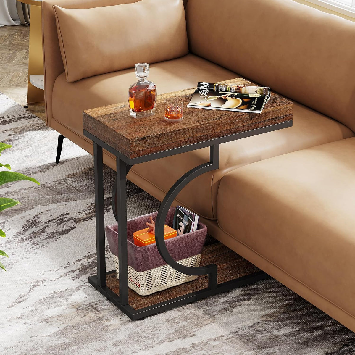 Tribesigns Side Table Set of 2 Narrow Side Table Brown Black C Shaped End Table Modern Bedside Tables for Couch, Small Sofa Tables with Metal Frame for Living Room (2, Rustic Brown+Black) - Image 5