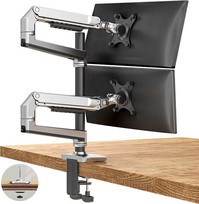 Ergounion Premium Dual Monitor Stand for Desk, High-Grade Aluminum Stacked Monitor Arm with Heavy-Duty Mechanical Spring, Adjustable Vertical Double Monitor Mount for 13-40 inch Screens, Silver by Ergounion