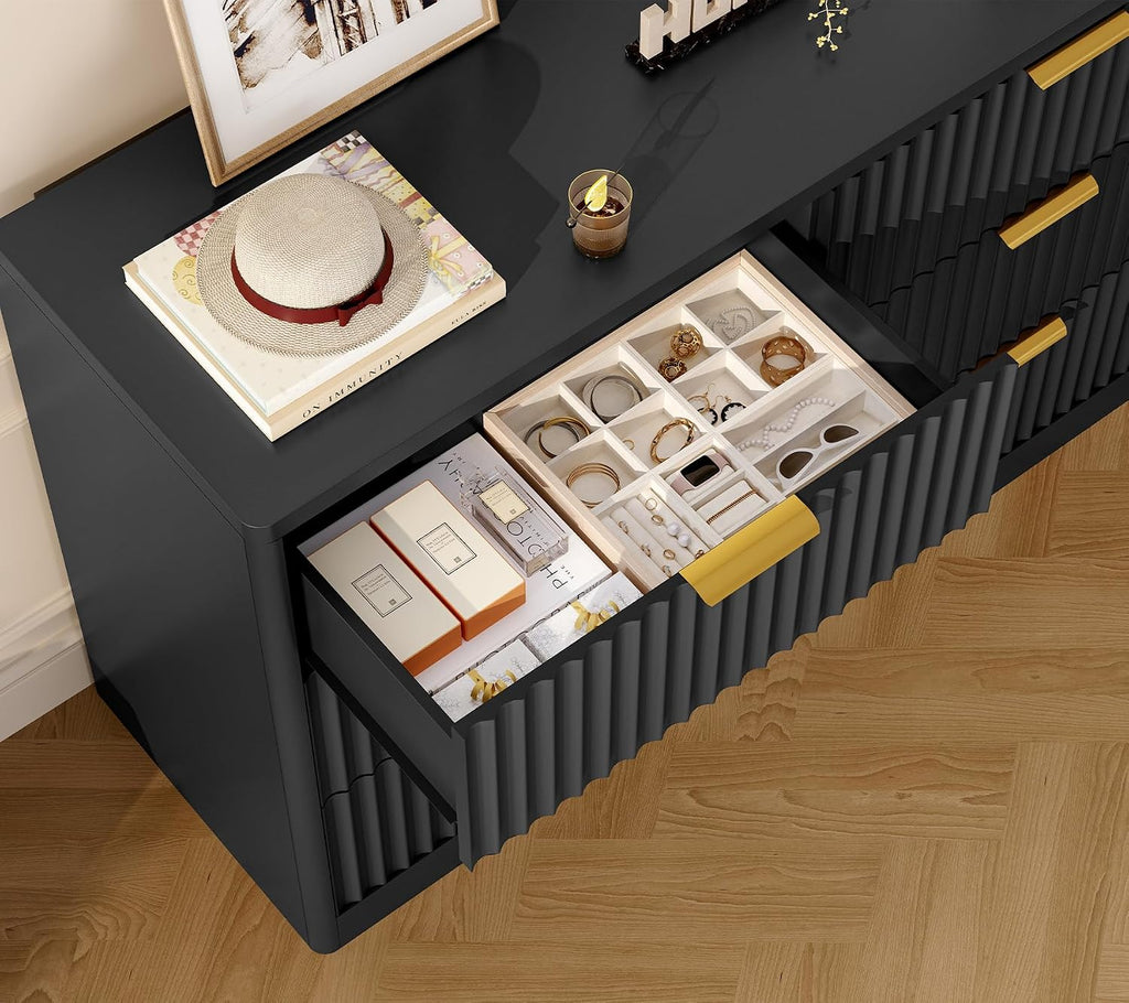 Fluted 6 Drawer Dresser for Bedroom, Wide Modern Chest of Drawers with Metal Handle, Curved Profile Design, Wood Closet Clothes Storage Organizer for Bedroom, Living Room, Hallway, Black - Image 5