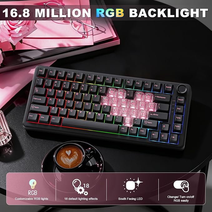 YUNZII B75 PRO 75% Wireless Mechanical Keyboard (Black Heart, MilkV2) | Hot Swap Keyboard with Knob, Gasket Mount, Creamy Pre-lubed Switch for Smooth Typing, BT/USB-C/2.4G, for Gaming - Image 6