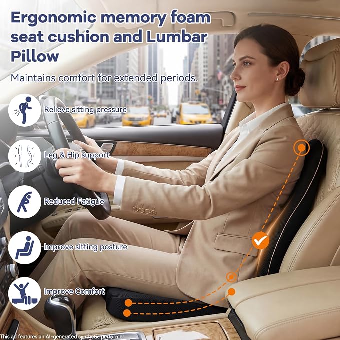 Car Seat Cushion with Lumbar Support, Memory Foam for Long Driving | 3D Breathable Mesh, 60D Memory Foam, Non-slip Base And Adjustable Strap; For Cars, Trucks, Office And Gaming Chairs, Black - Image 5