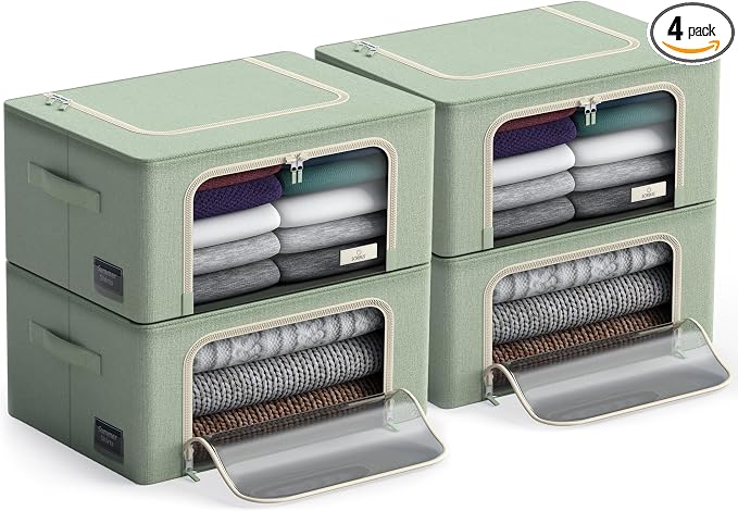 Sorbus Clothes Storage Bins, Clear Window & Handles (4 Pack, Teal) | Large foldable stackable boxes have easy-carry grips for bedding and linens in closets, bedrooms and laundry rooms. by Sorbus