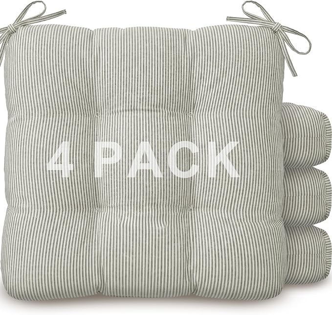 Geetery Gray and White 4 Pack Ticking Stripe Chair Cushions with Ties, 16"x15" Reversible Indoor Chair Pads for Dining Chairs, Soft Kitchen Seat Cushions for Home Office Living Room by Geetery