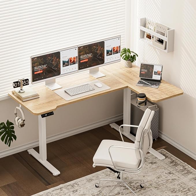 L Shaped Electric Standing Desk - 43x31.5 Inch Reversible Corner Sit Stand Desk with Hook&Cup Holder,Electric Height Adjustable Table,for Small Home Office&Bedroom Computer Desk, Oak - Image 2
