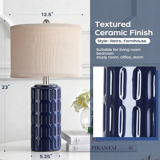 23" Farmhouse Modern Ceramic Table Lamp Set of 2 - Navy Blue Bedside Lamps for Bedroom & Living Room, Nightstand, Desk, End Table - Image 3