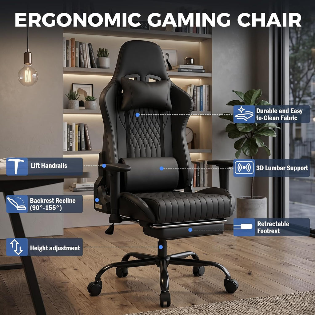 Gaming Chair with Footrest, 90°-155° Reclining Ergonomic Computer Chair with 3D Armrests, Headrest and Lumbar Pillow, 360° Swivel, SGS-Tested Gas Lift, 330 lbs Capacity, Black - Image 7