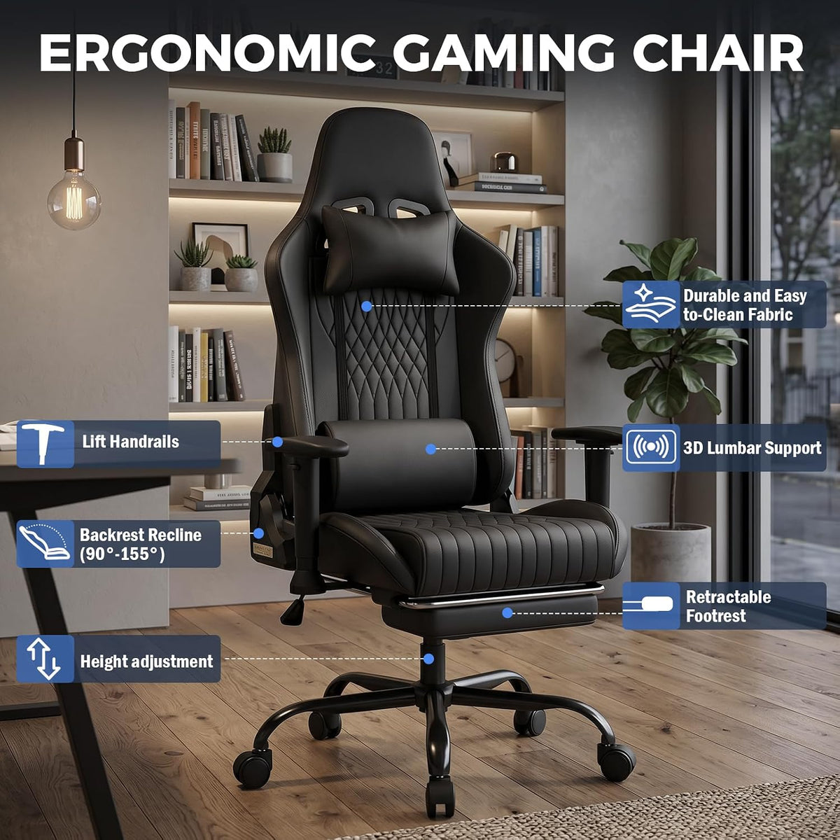 Gaming Chair with Footrest, 90°-155° Reclining Ergonomic Computer Chair with 3D Armrests, Headrest and Lumbar Pillow, 360° Swivel, SGS-Tested Gas Lift, 330 lbs Capacity, Black - Image 7