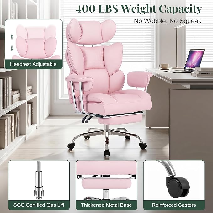 Pink Office Chair 400 LBS, for Women, Home Office | Big and Tall, PU Leather, Executive Ergonomic Desk Chair with Footrest, Lumbar Support, Wide Seat ,Reclining, Swivel Wheels - Image 8
