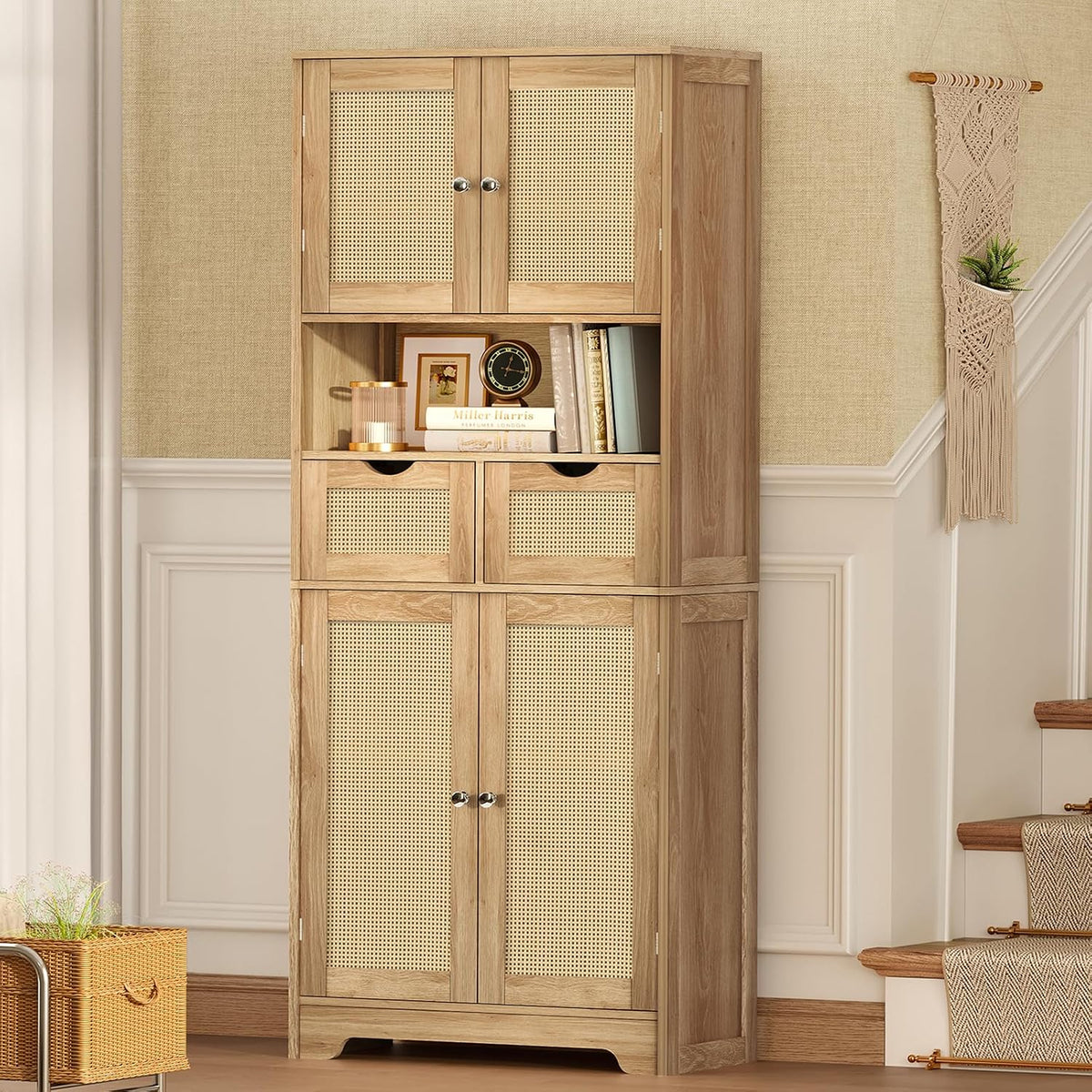 57.8" H Tall Storage Cabinet with 2 Drawers & 2 Adjustable Shelves, Rattan Cabinets with 4 Doors, Cupboard, Kitchen Cabinets, Pantry Cabinet, Tall Cabinet for Living Room, Entryway, Natural - Image 5