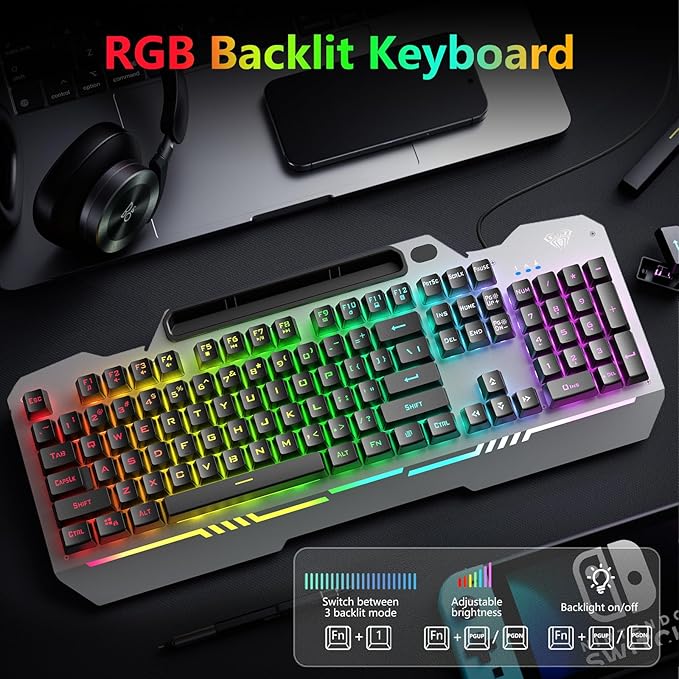 AULA Gaming Keyboard and Mouse,Wired 104-Key Mouse and Keyboard Combo Metal | Full Size Computer Keyboards with Number Pad,New Update Version,RGB Backlit Anti-Ghosting PC Keyboard for Laptop WinXP/7/8/10 - Image 2