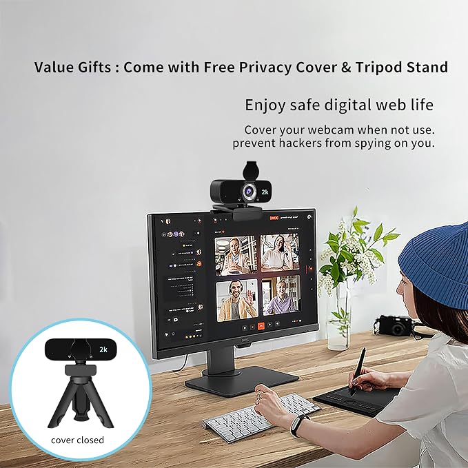 Webcam for Computer, USB Plug&Play, Auto Low Light Correction, Privacy Cover, Tripod, Wide Angle for Meeting/Online Video/Zoom, Web Cam with Microphone - Image 4