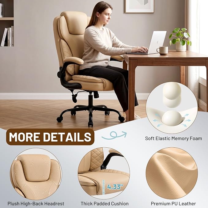 Ergonomic Office Chair, PU Leather High Back Executive Chair with Adjustable Inflatable Lumbar Support and Padded Flip-Up Arms, Recline Swivel Task Computer Chair for Home Office, Khaki - Image 7