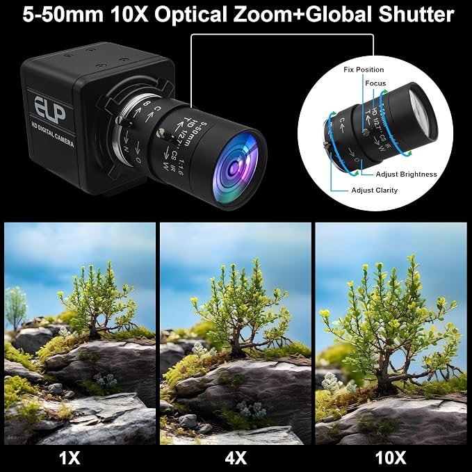 ELP Global Shutter USB Camera, Manual Zoom Telephoto UVC USB2.0 High Speed 1080P 90fps Lightburn Cameras for Laser, Variable Focus AR0234 Close-up Webcam for Computer - Image 4