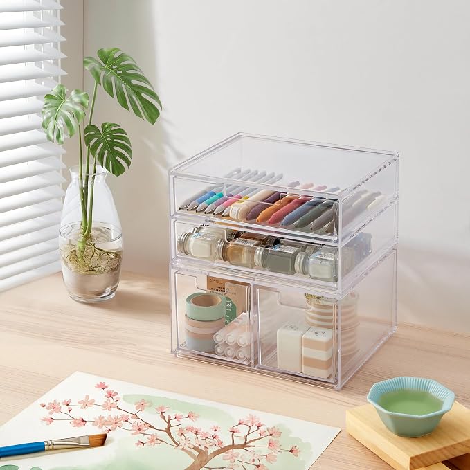 STORi Stackable Desk Organizer Drawers, Clear Pen Pencil Makeup Brush Holder for Desktops and Vanities, 4 Multi-size Drawers (Made in USA) - Image 3