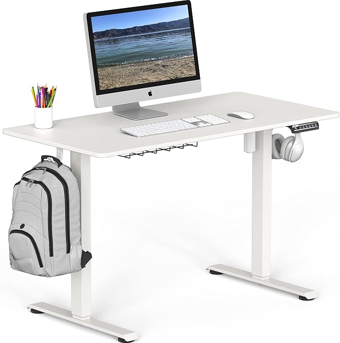 SHW 48-Inch Electric Height Adjustable Sit to Stand Desk, White | with Hanging Hooks and Cable Management, White Frame and White Top - Image 5