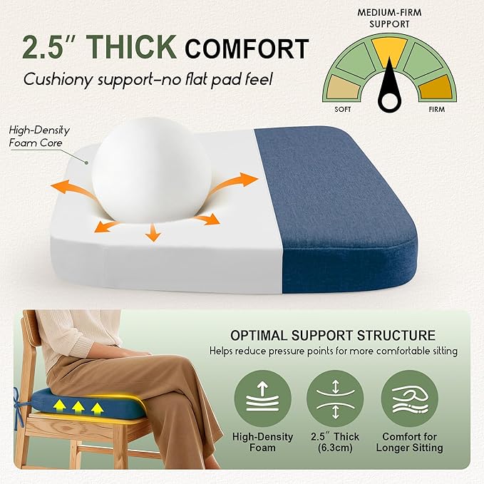 kingphenix Chair Cushions for Dining Chairs, Set of 6, 2.5 Inches Thick | High-Density Foam Kitchen Chair Cushions with Ties, Non-Slip Bottom and Removable Machine-Washable Covers, Navy Blue - Image 2