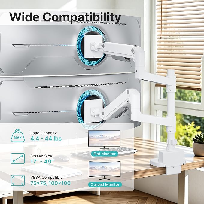 Dual Monitor Arm for 17”-49“Ultrawide Monitors, White | Heavy Duty Dual Monitor Mount Holds 44 lbs - Image 2