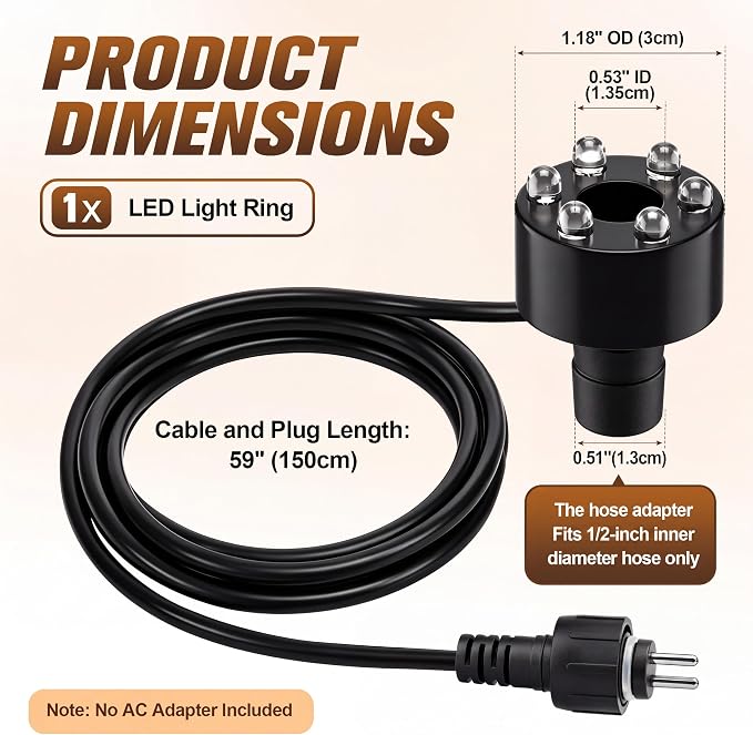 12V Submersible LED Fountain Light Ring, Warm White, 1 Pack | 6 LED Underwater Fountain Lights, 1/2" Water Hose Adapter, 59in Cable for Fountain, Waterfall & Water Features, w/o AC Plug - Image 4