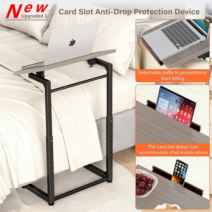 Tv Tray Table, 8-Level Adjustable Height Couch Side Table，90° Tilt Angle Adjustments C-Shaped End Table, with Phone & Tablet Slot Computer Desk for Sofa, Bed, Chair, Living Room（Lvory Gray） - Image 4