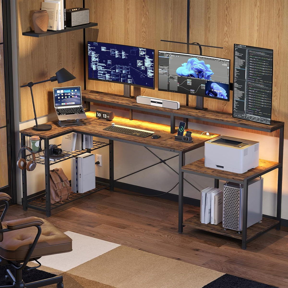 Bestier 71.5" L Computer Desk with Power Outlets, Rustic Brown by Bestier