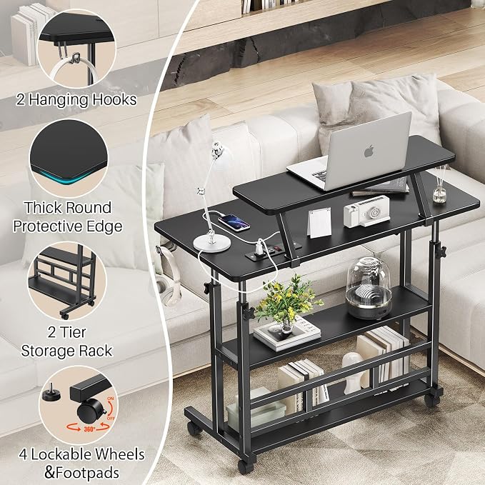 Adjustable Height Standing Desk with Power Outlets, Rolling Stand Up Desk with Monitor Stand and Storage Shelves, 31.5" Small Mobile Computer Desk, Portable Laptop Table (Black with Monitor Stand) - Image 7