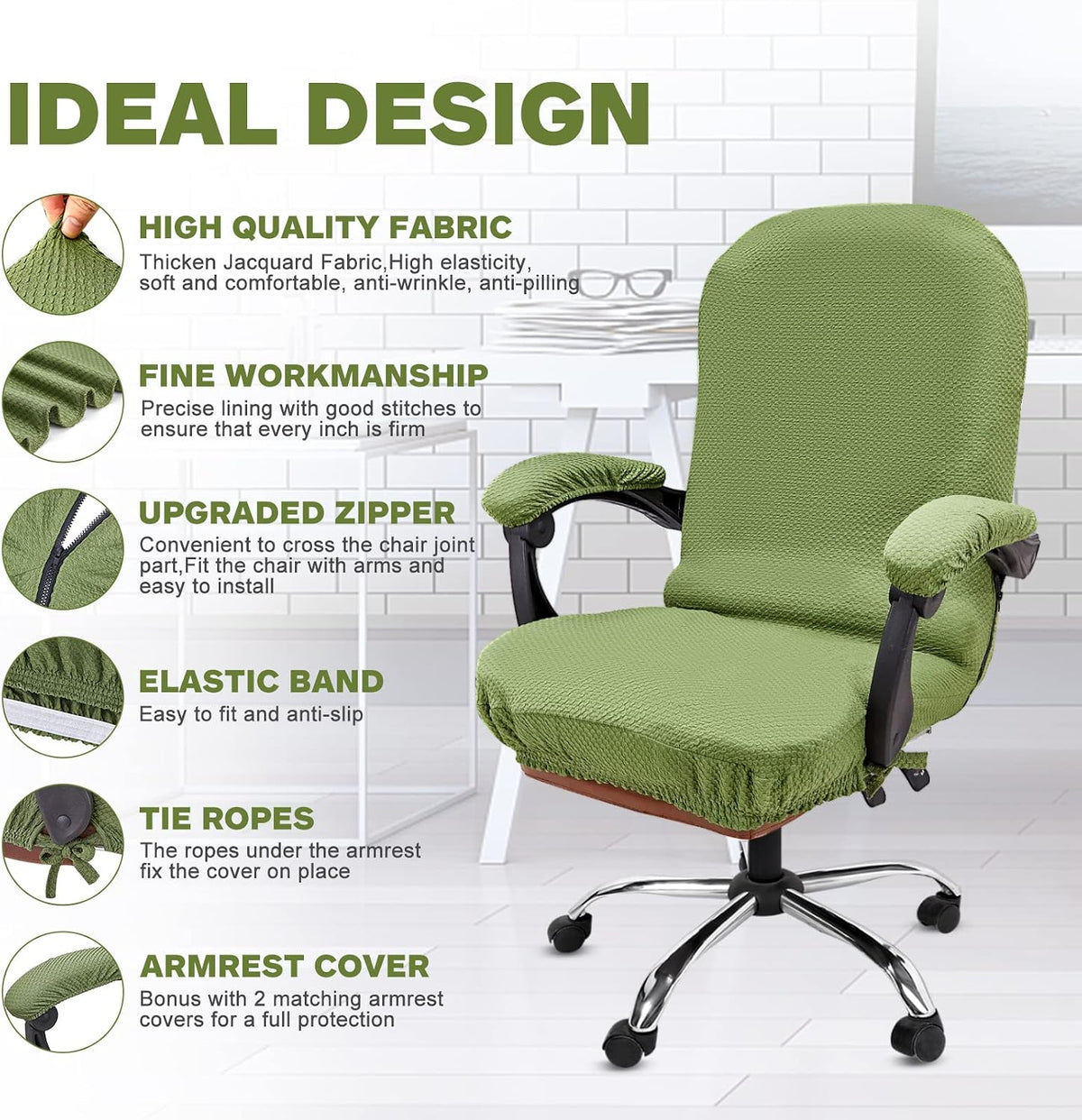 NeColorLife Office Chair Cover with Armrest Covers,Large,Green - Image 3