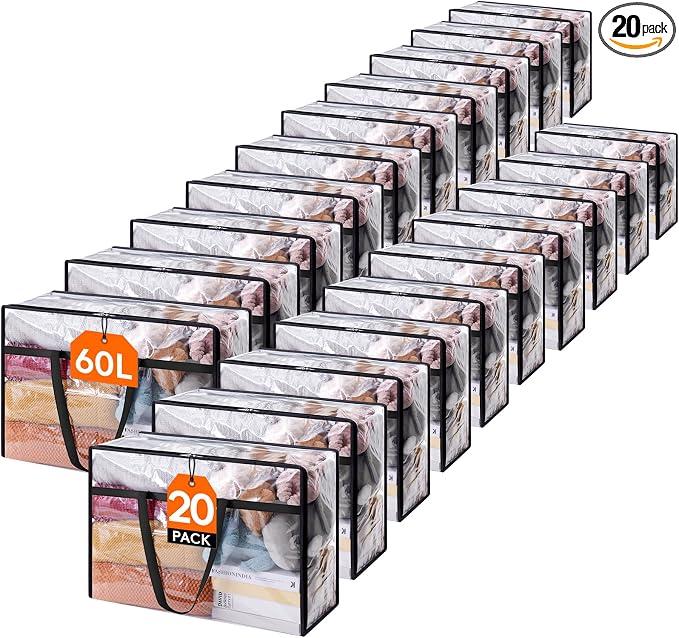 Lifewit 60L Clear Clothes Storage Bags,Plastic Foldable Blanket Storage Bag | 20 Pack Vinyl Foldable Moving Bags with Zipper, Closet Organizers and Storage Containers for Bedding, Duvet, Comforter by Lifewit
