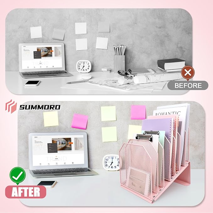 SUMMORO Inclined File Organizer for Desk, 7-Section Vertical File Holder | Office Desk Organizer Metal Rack File Folder, Wire Mesh Desktop Document Sorter, for Office School Classroom Home (Pink) - Image 4